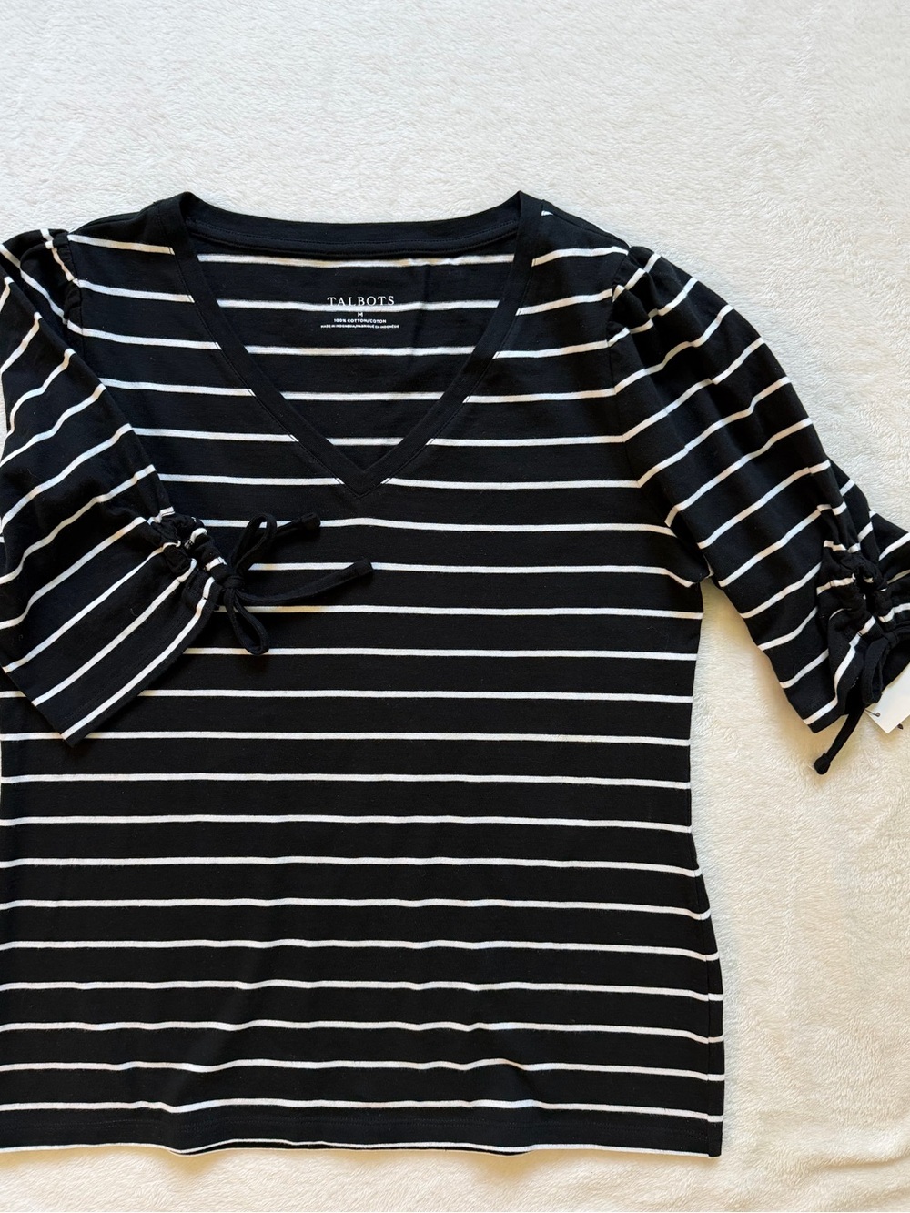 Talbots Black and White Stripe Knit Top with Tie Sleeves NWT